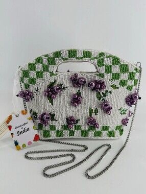 NWT **Handcrafted in India White Beaded Green Checkered 3-D Grapes Crossbody Bag